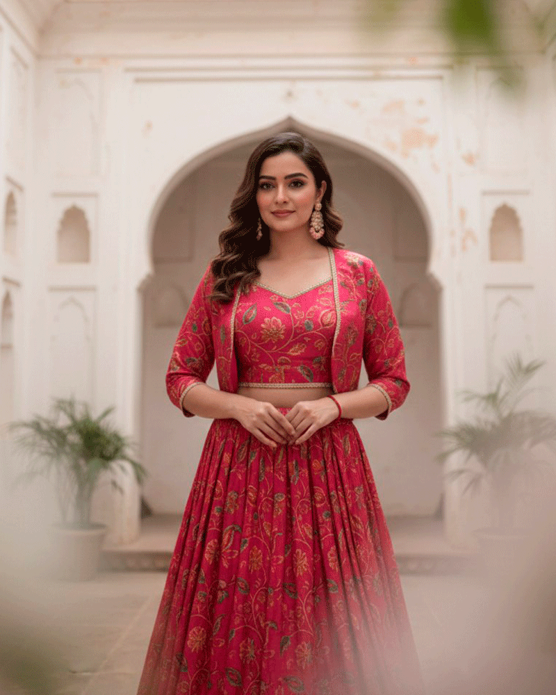 Royal Berry Floral Print Silk Lehenga Choli Set