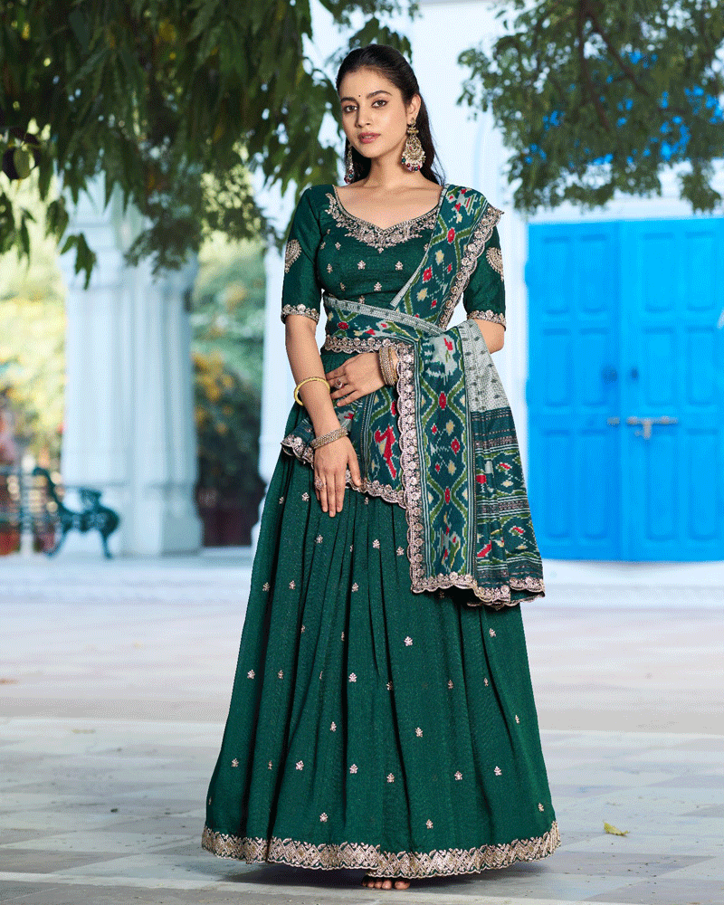 Ethnic Green Color Vichitra Silk Embroidered Lehenga Choli