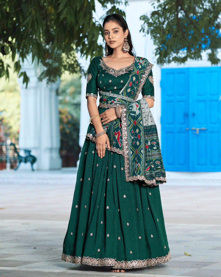 Ethnic Green Color Vichitra Silk Embroidered Lehenga Choli