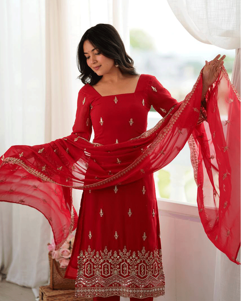 Red Color Embroidered Traditional Kurta Pant Dupatta Set