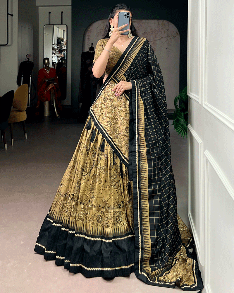 Gold Color Kalamkari Printed Flared Lehenga Choli Set