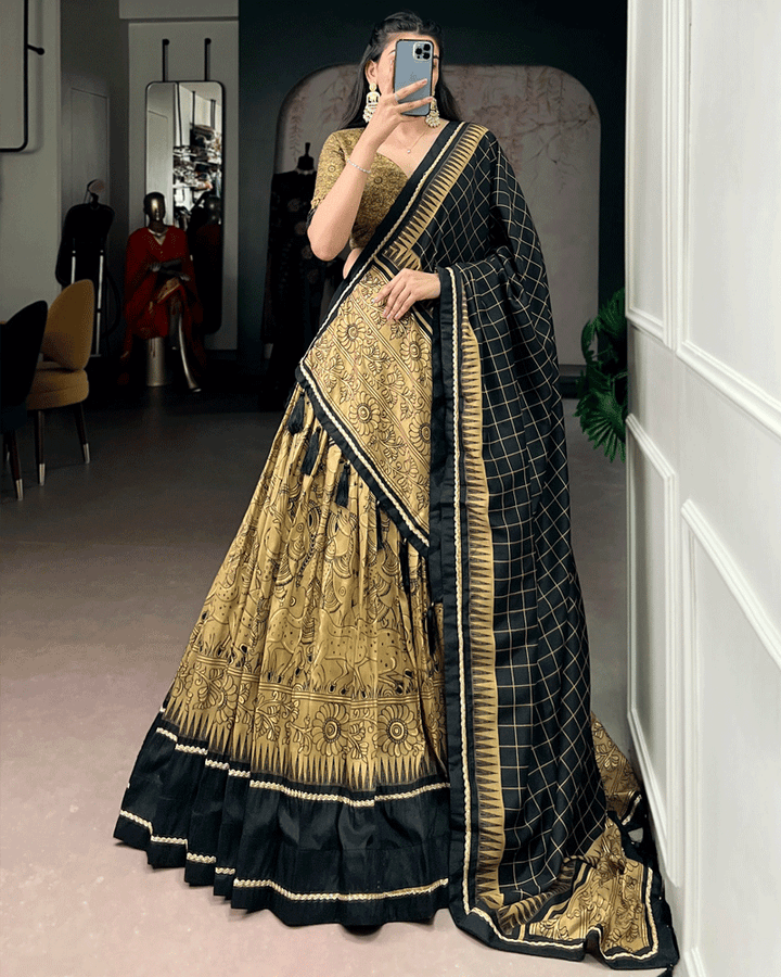 Gold Color Kalamkari Printed Flared Lehenga Choli Set
