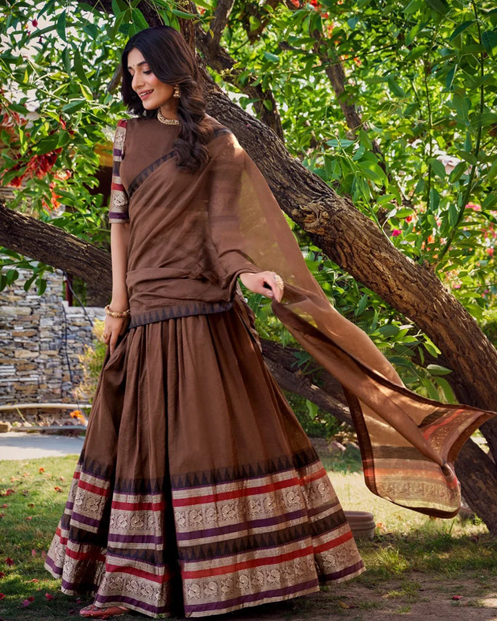 Traditional Brown Color Pure Chanderi Lehenga Choli