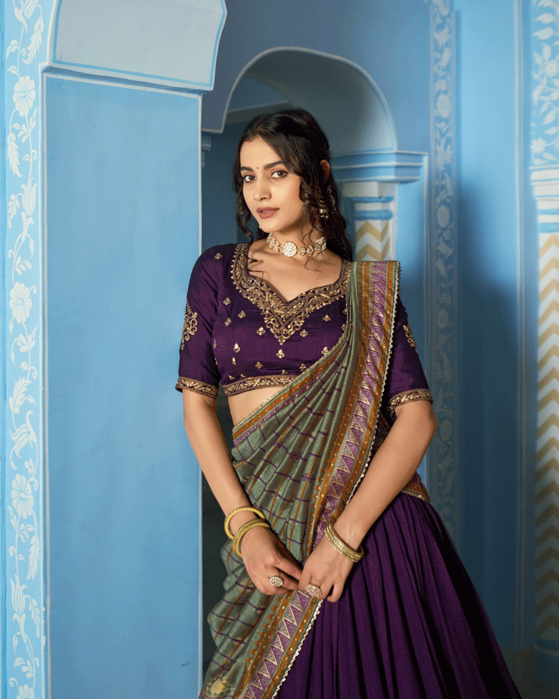 Dark Purple Designer Embroidered Silk Lehenga Choli
