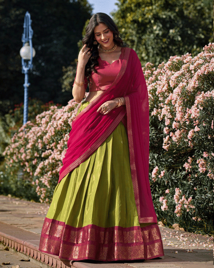 Designer Parrot Green Kanchipuram Half Saree