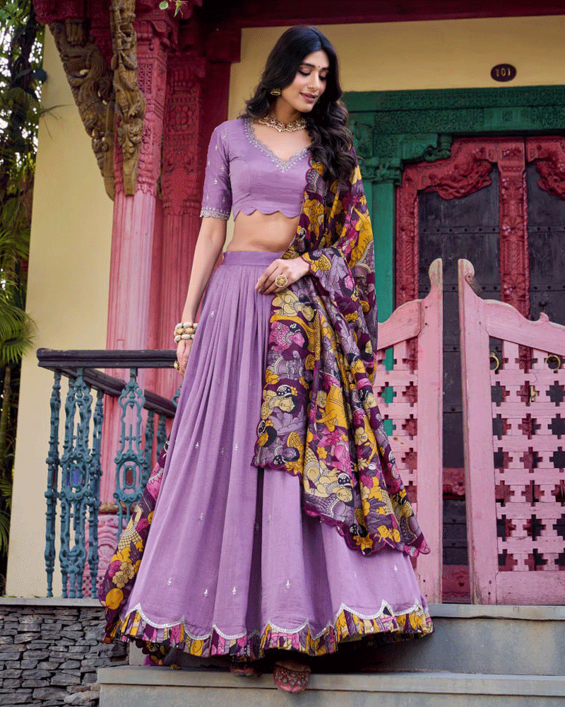 Royal Lavender Vichitra Silk Embroidered Lehenga Choli Set