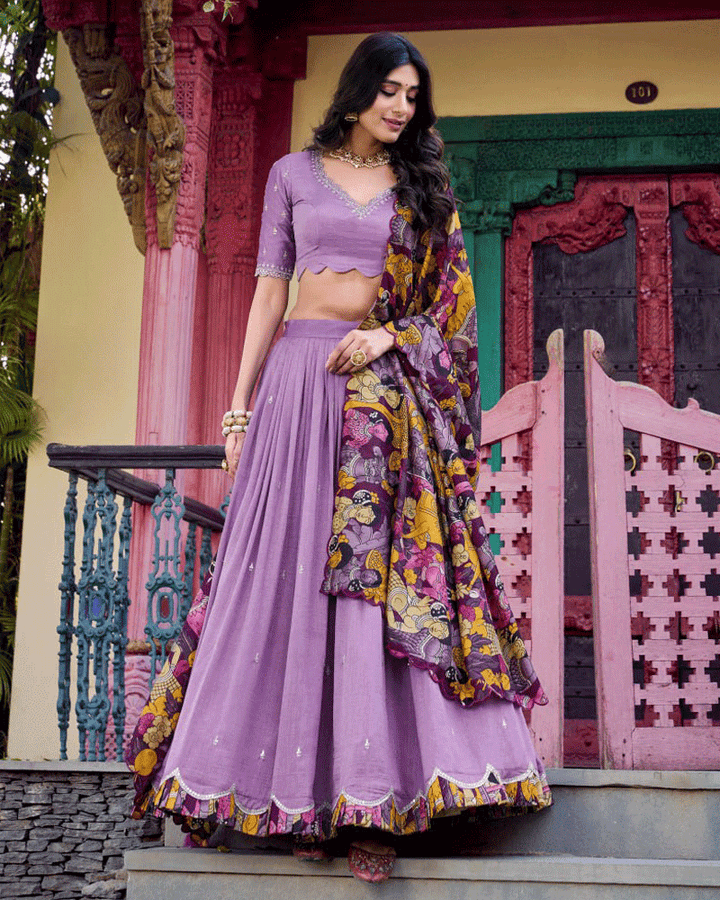 Royal Lavender Vichitra Silk Embroidered Lehenga Choli Set