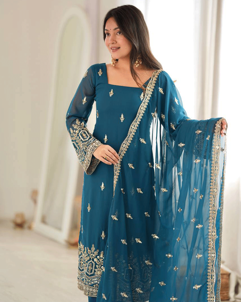 Rama Color Embroidered Traditional Kurta Pant Dupatta Set
