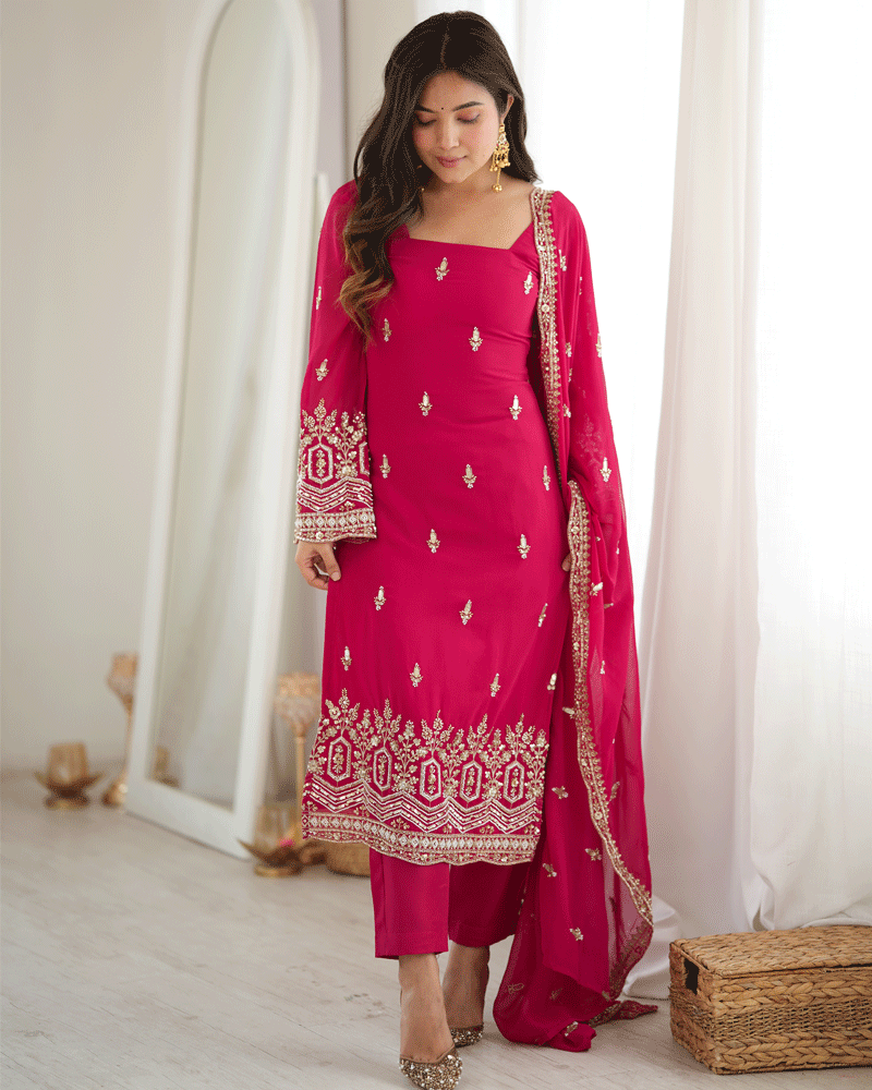 Rani Pink Color Embroidered Traditional Kurta Pant Dupatta Set