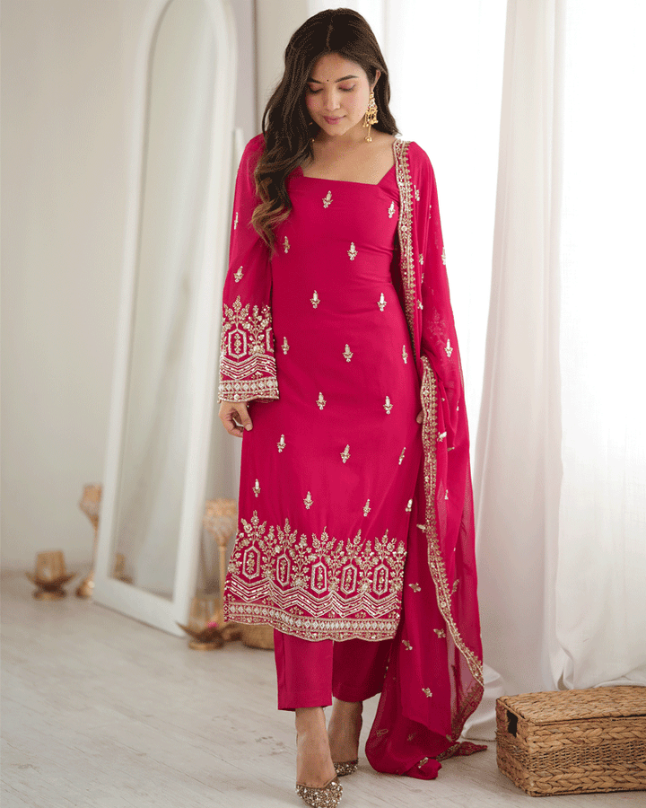 Rani Pink Color Embroidered Traditional Kurta Pant Dupatta Set
