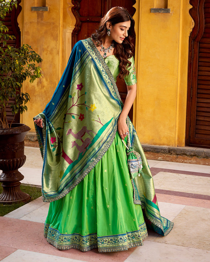 Designer Parrot Green Soft Paithani Silk Lehenga Choli
