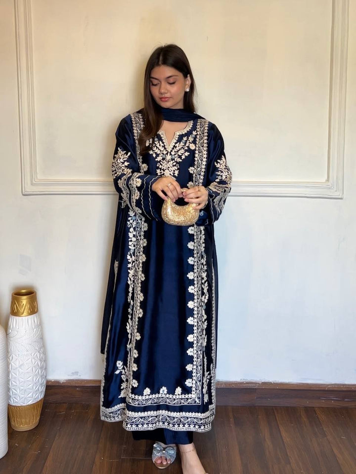 Navy Blue Thread Embroidered Rayon Palazzo Suit