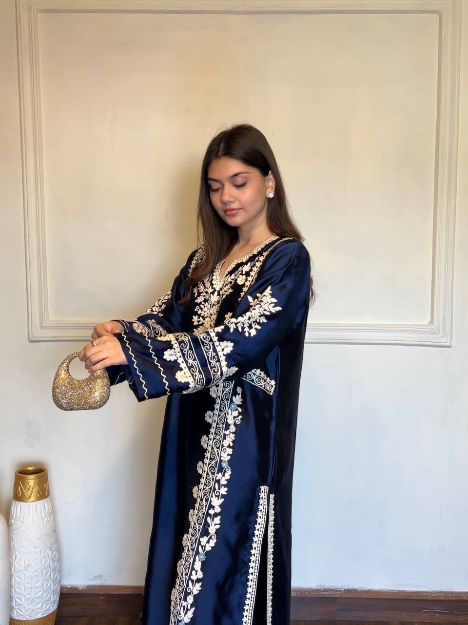 Navy Blue Thread Embroidered Rayon Palazzo Suit