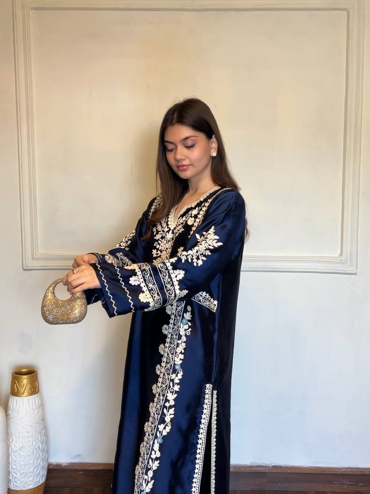 Navy Blue Thread Embroidered Rayon Palazzo Suit