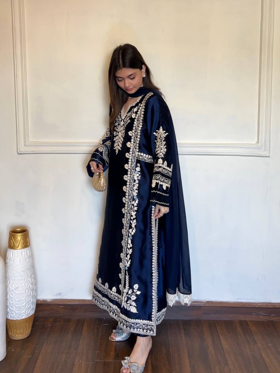 Navy Blue Thread Embroidered Rayon Palazzo Suit
