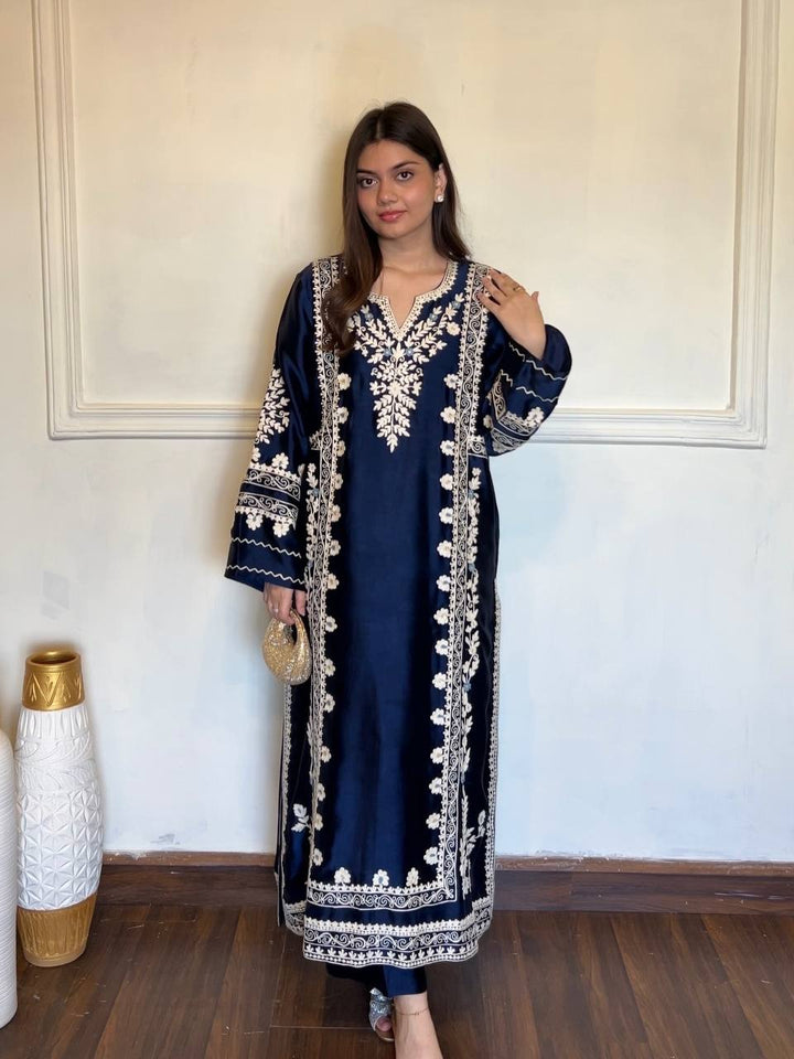Navy Blue Thread Embroidered Rayon Palazzo Suit