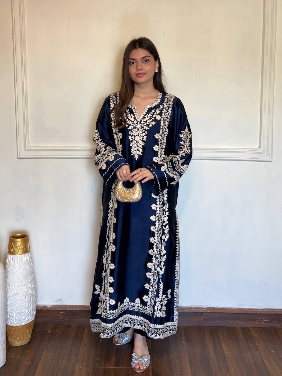 Navy Blue Thread Embroidered Rayon Palazzo Suit