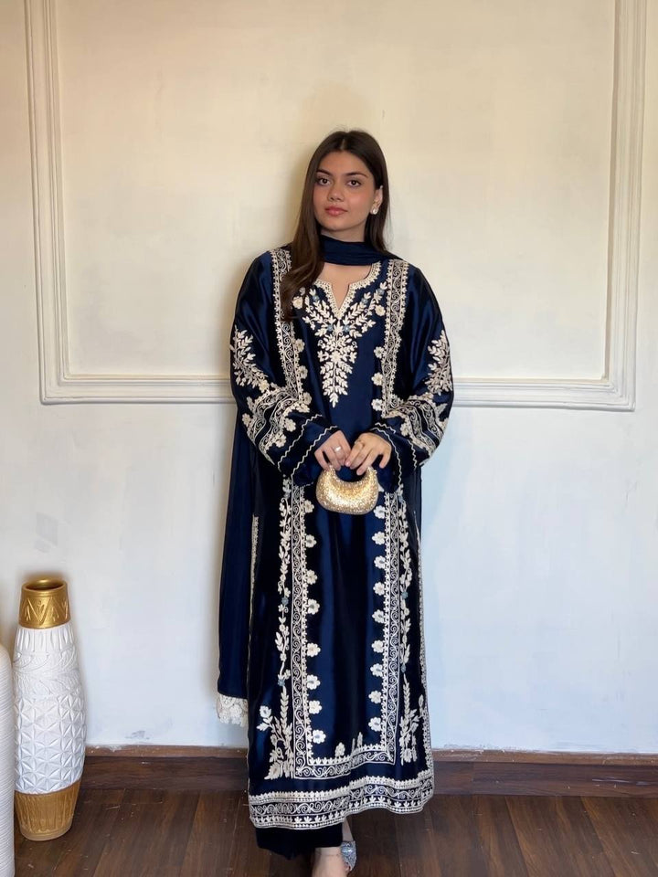 Navy Blue Thread Embroidered Rayon Palazzo Suit