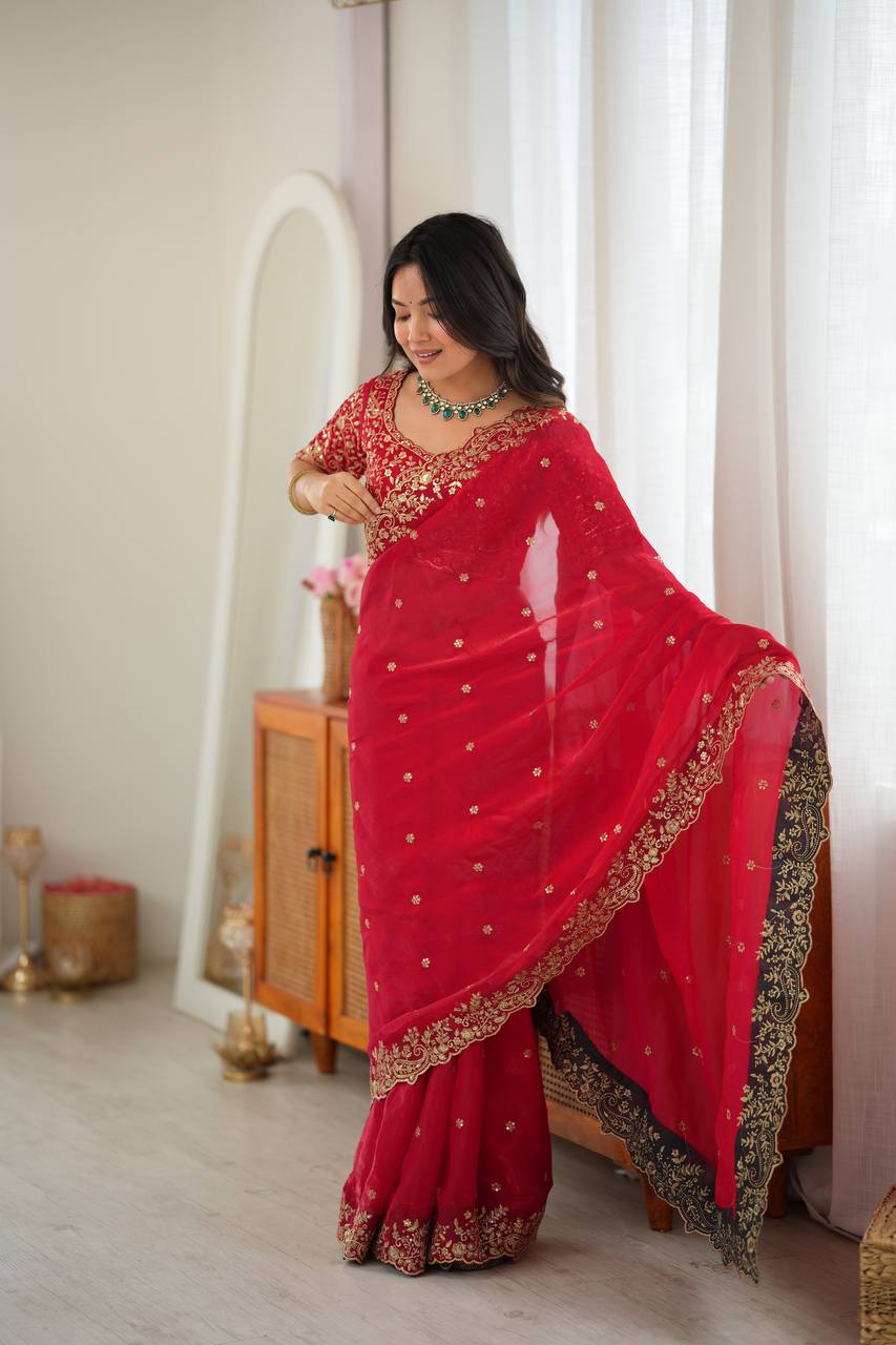 Rani Pink Color Fendy Silk Embroidered Saree