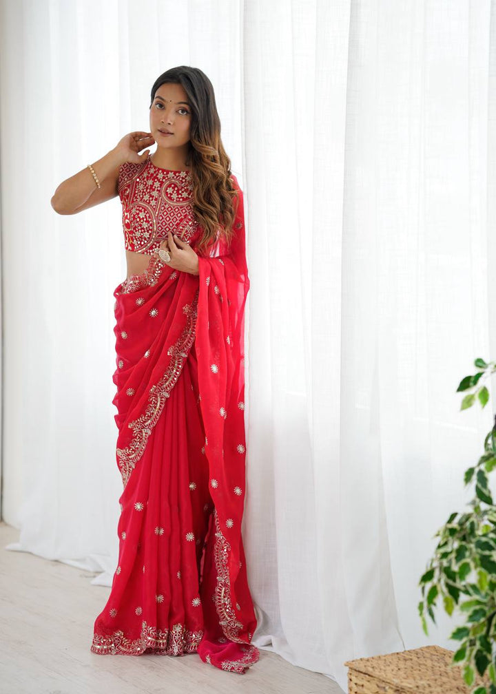 Bright Red Embroidered Chiffon Saree