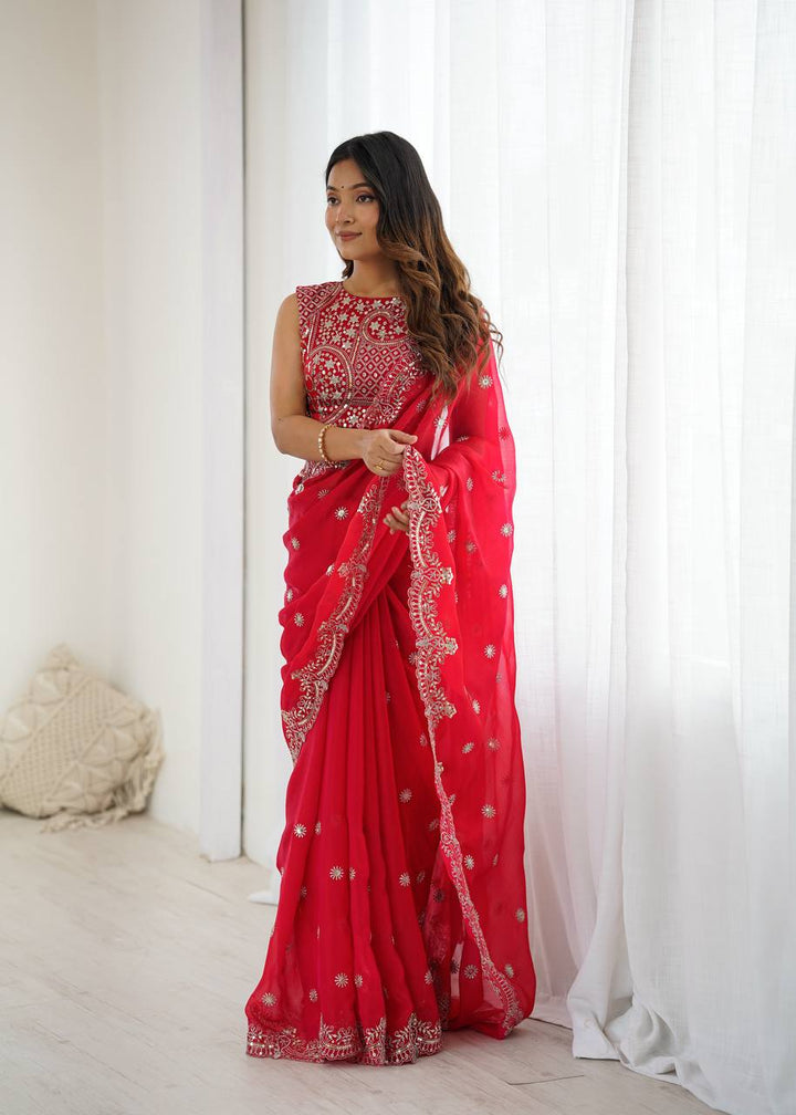 Bright Red Embroidered Chiffon Saree