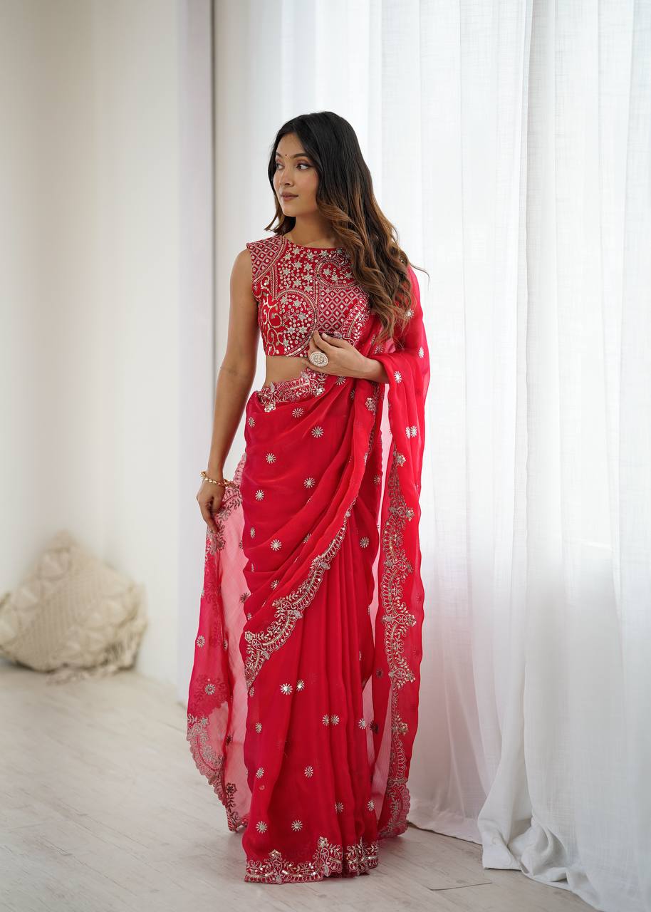 Bright Red Embroidered Chiffon Saree