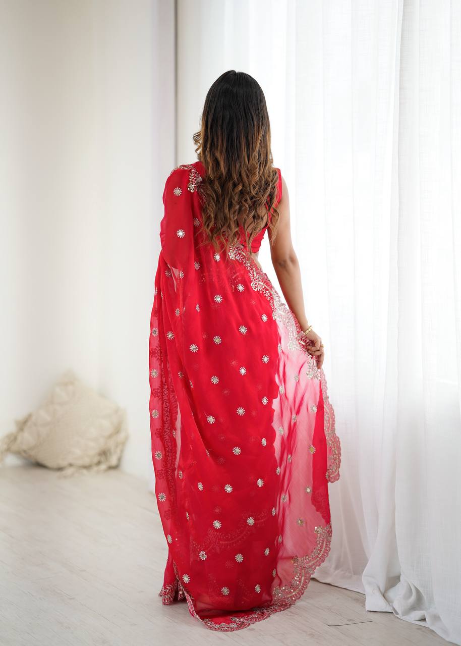 Bright Red Embroidered Chiffon Saree