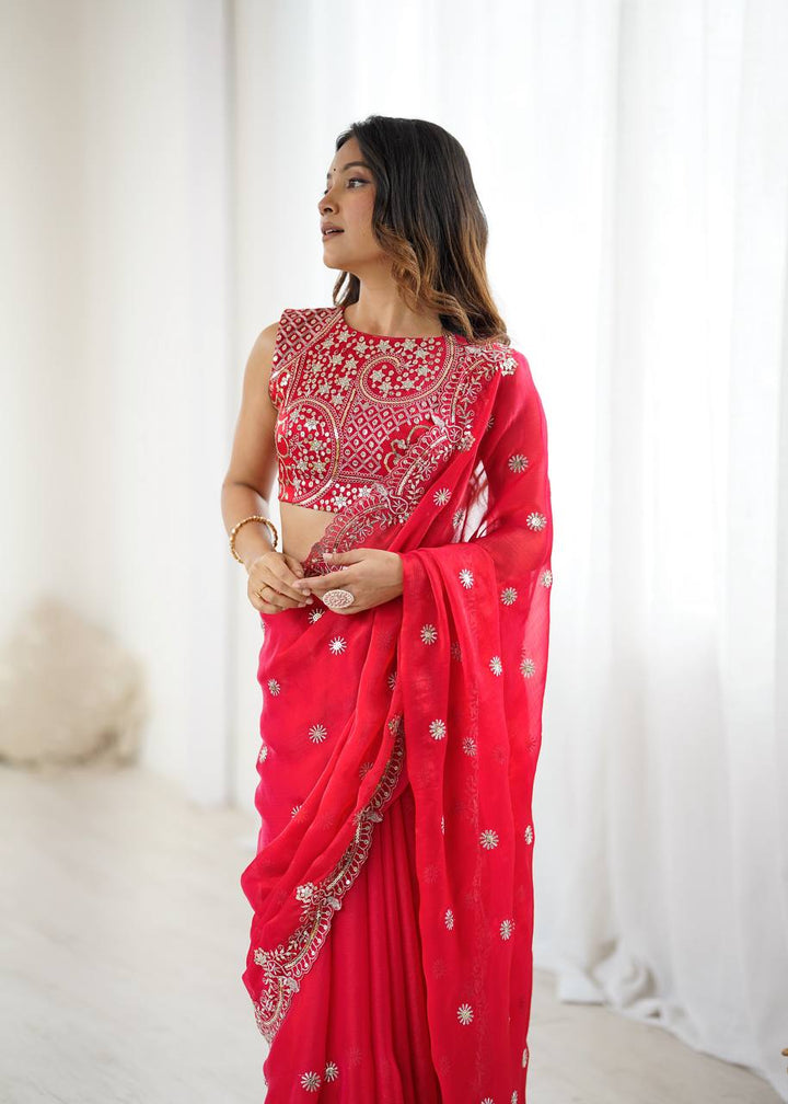 Bright Red Embroidered Chiffon Saree