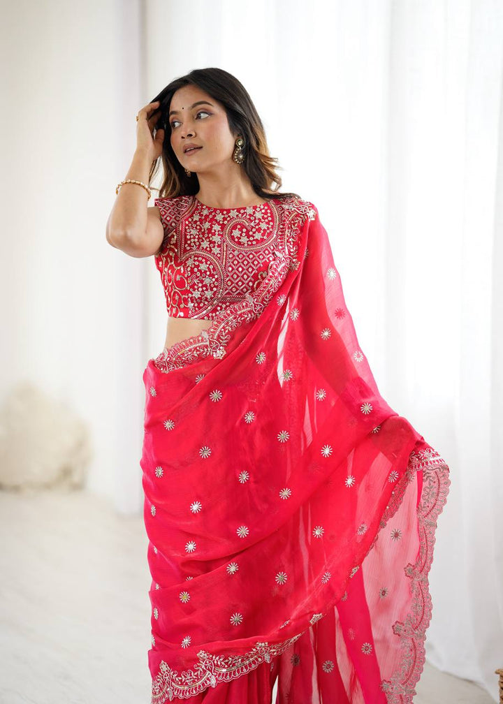 Bright Red Embroidered Chiffon Saree