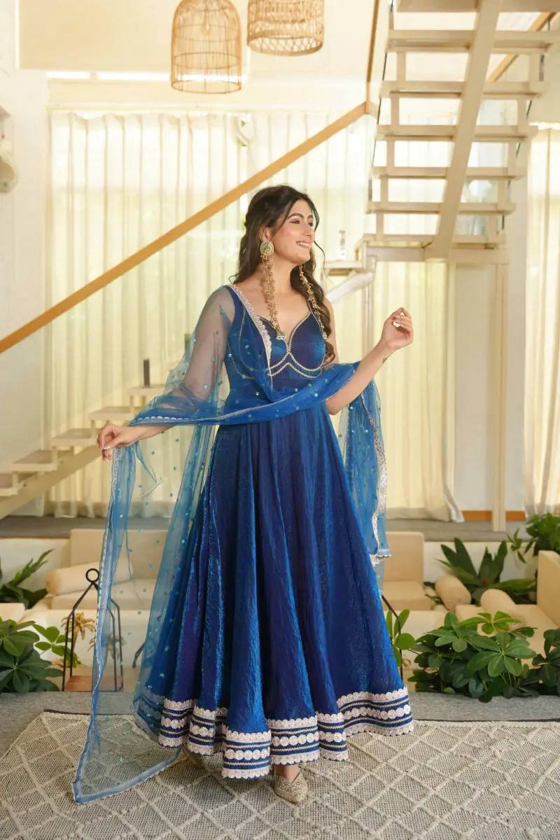 Royal Blue Color Sleeveless Flared Fendy Silk Gown