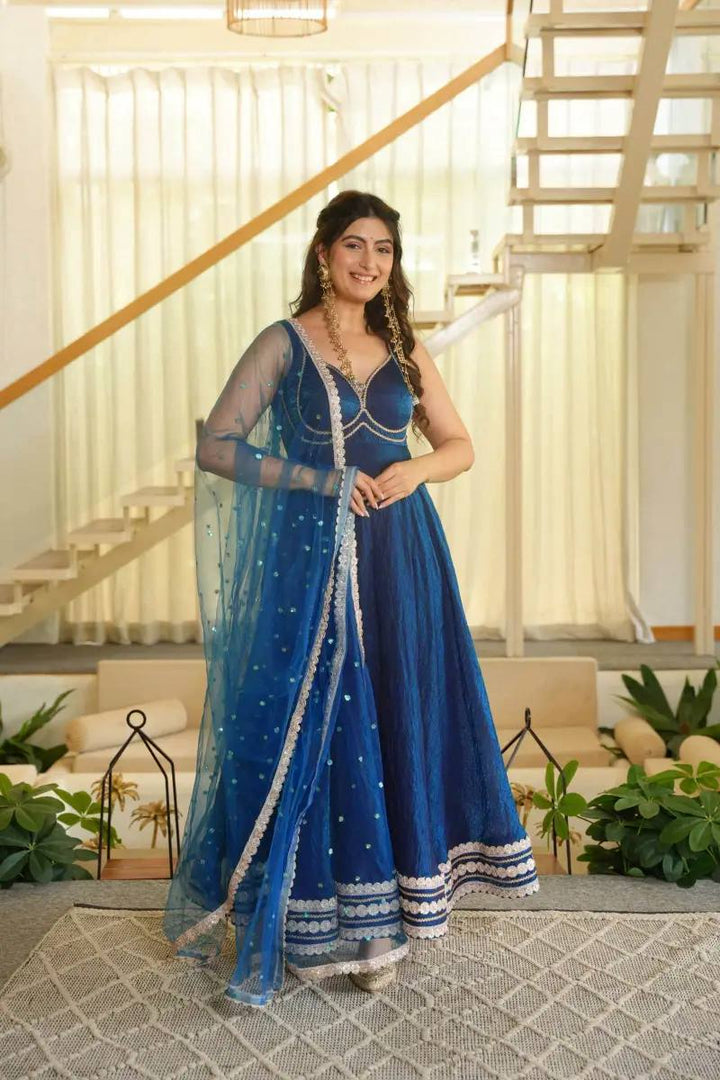 Royal Blue Color Sleeveless Flared Fendy Silk Gown