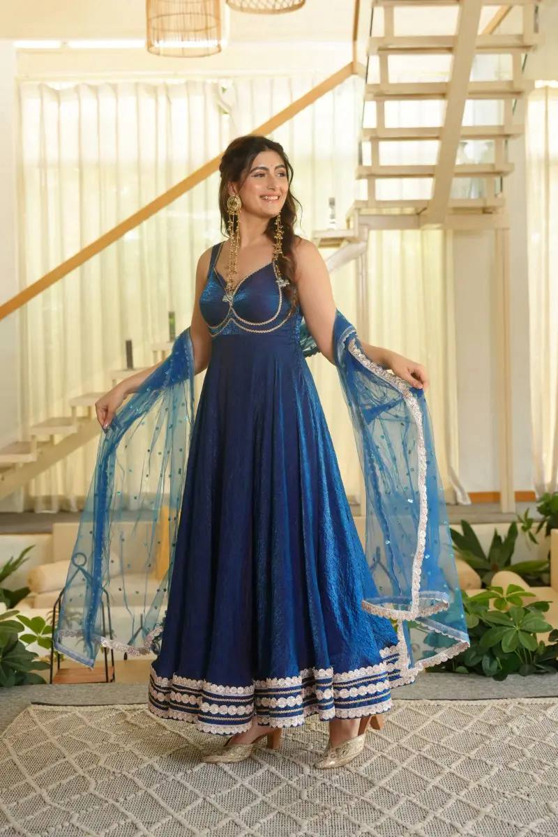 Royal Blue Color Sleeveless Flared Fendy Silk Gown