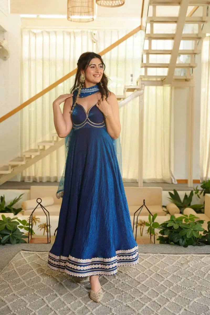 Royal Blue Color Sleeveless Flared Fendy Silk Gown