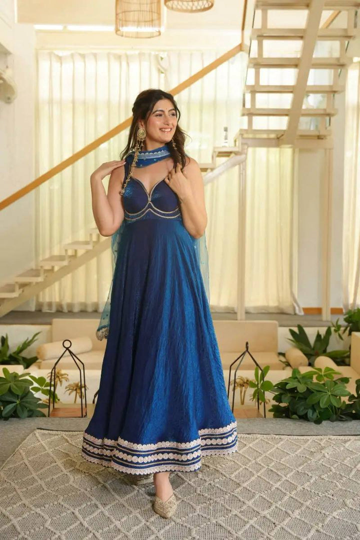 Royal Blue Color Sleeveless Flared Fendy Silk Gown