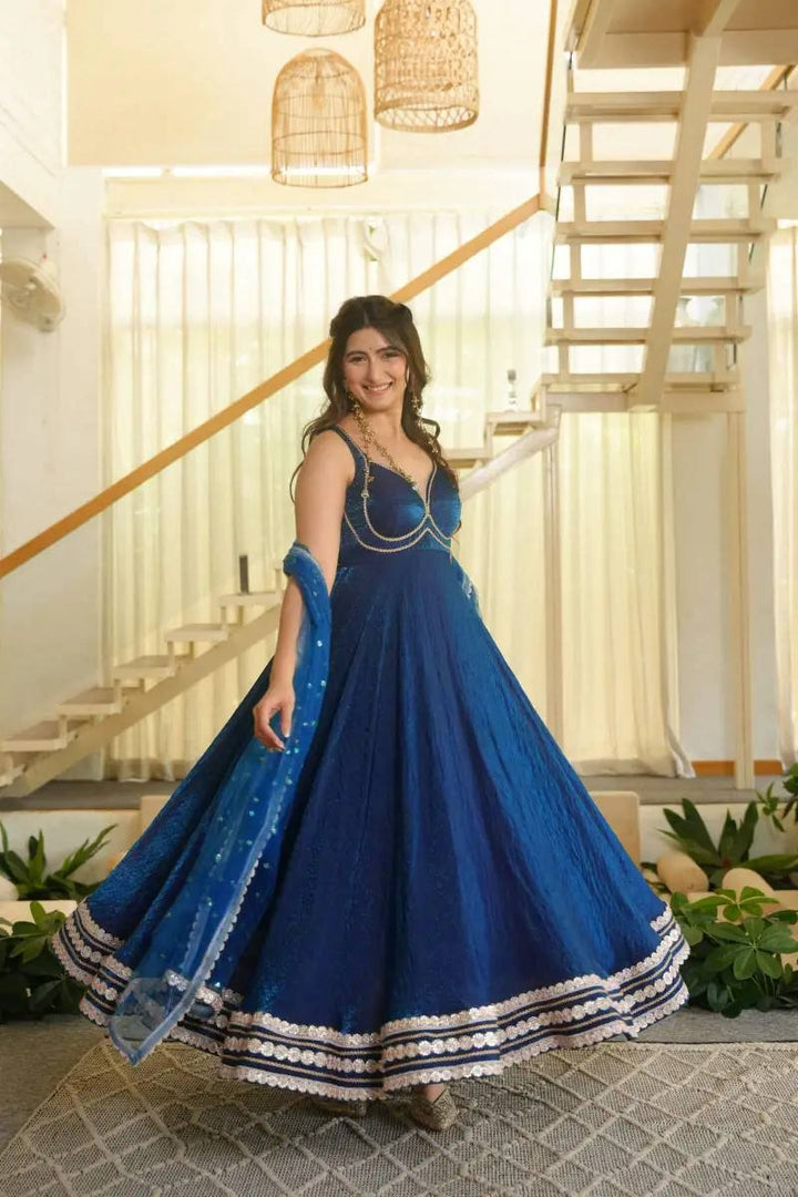 Royal Blue Color Sleeveless Flared Fendy Silk Gown