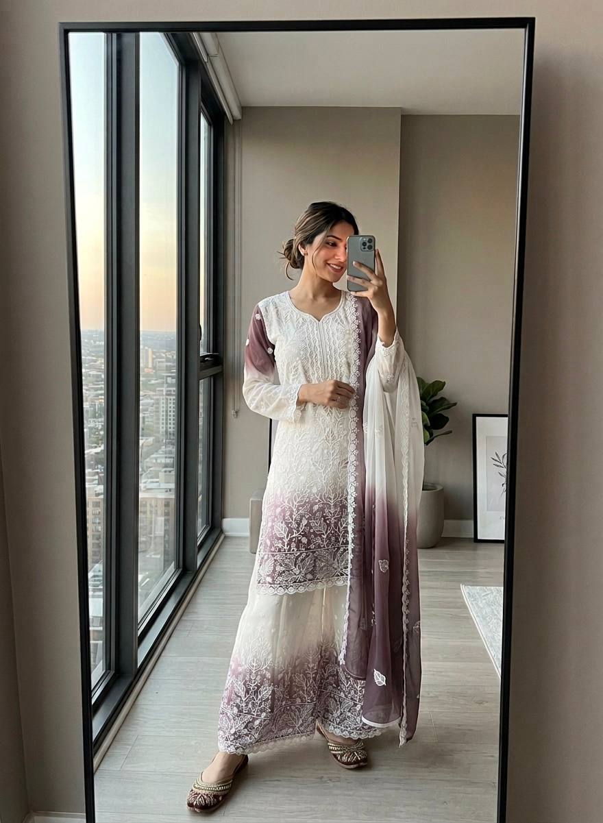 4 Color Dip-Dye Ombre Embroidered Palazzo Suit