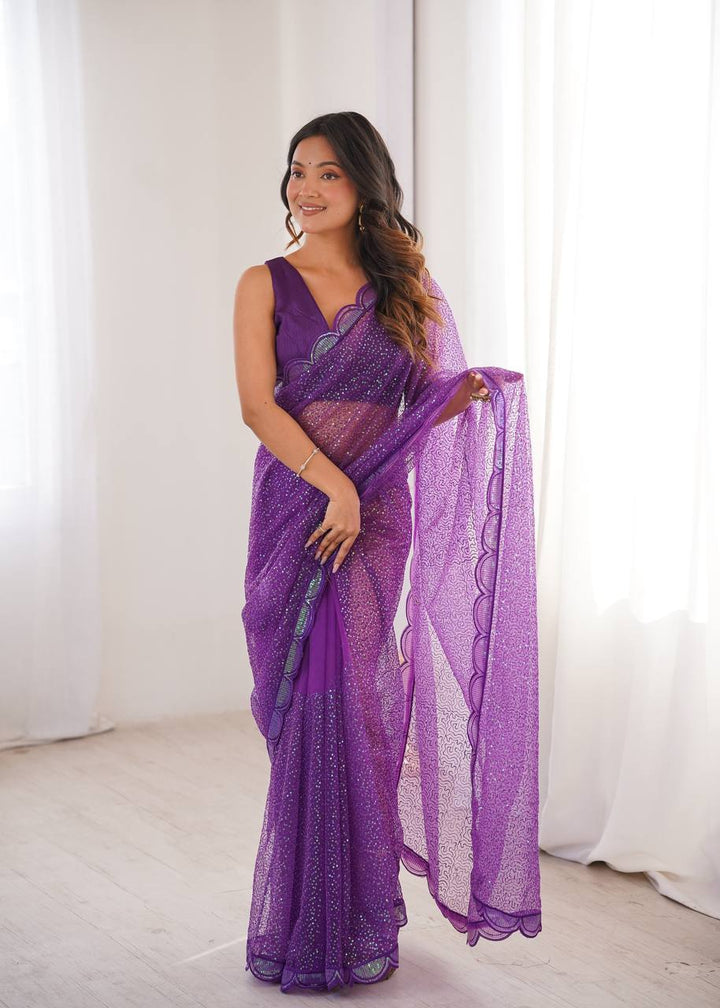 Luvender Color Soft Net Embroidered Saree