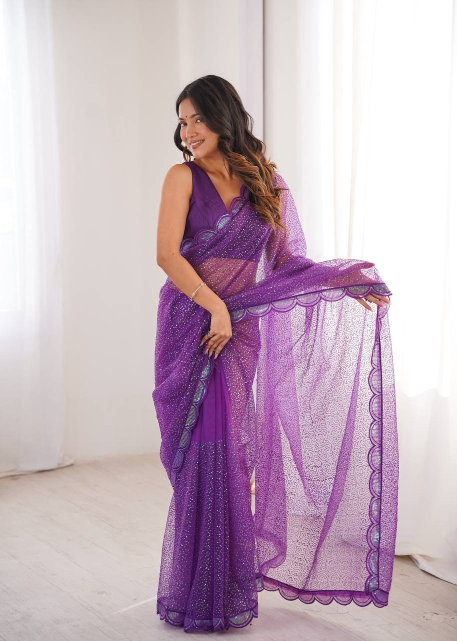 Luvender Color Soft Net Embroidered Saree