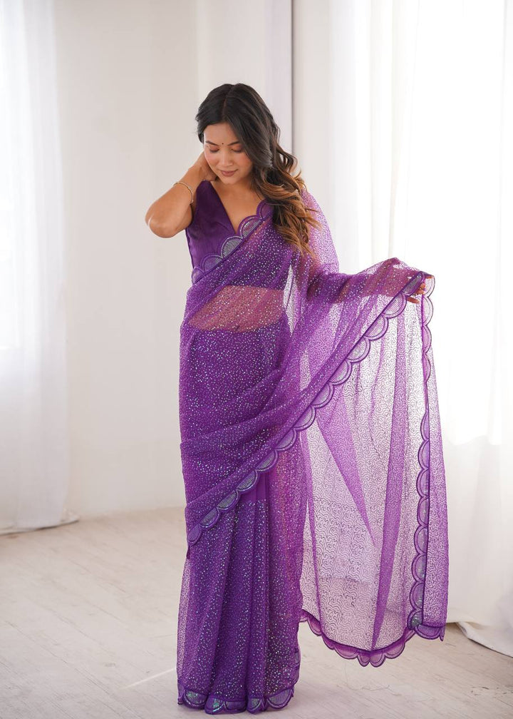 Luvender Color Soft Net Embroidered Saree