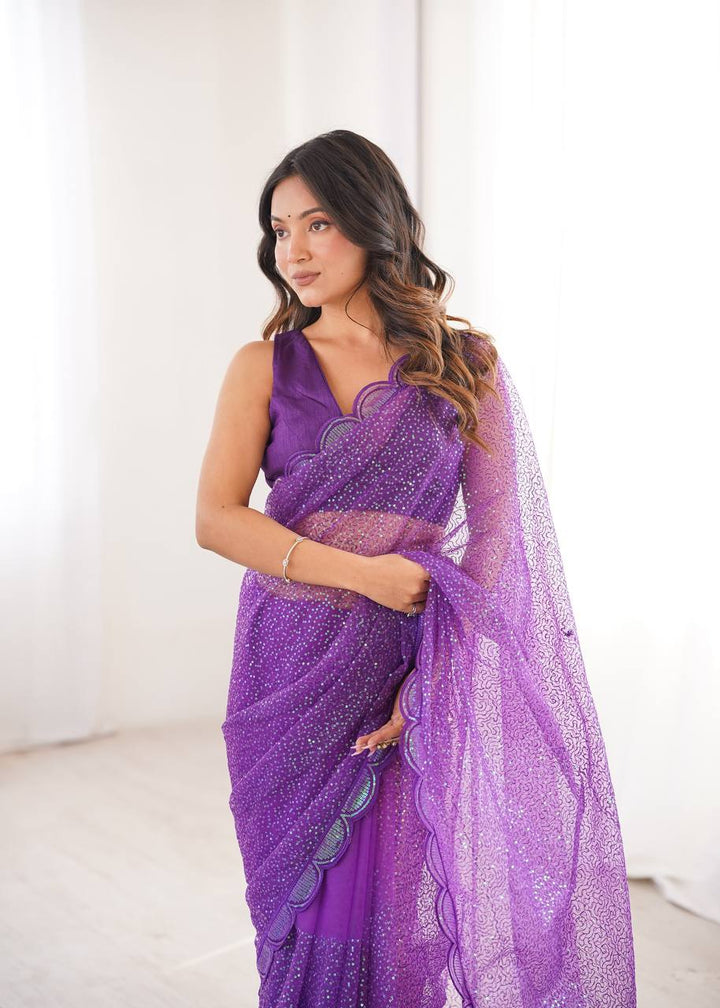 Luvender Color Soft Net Embroidered Saree