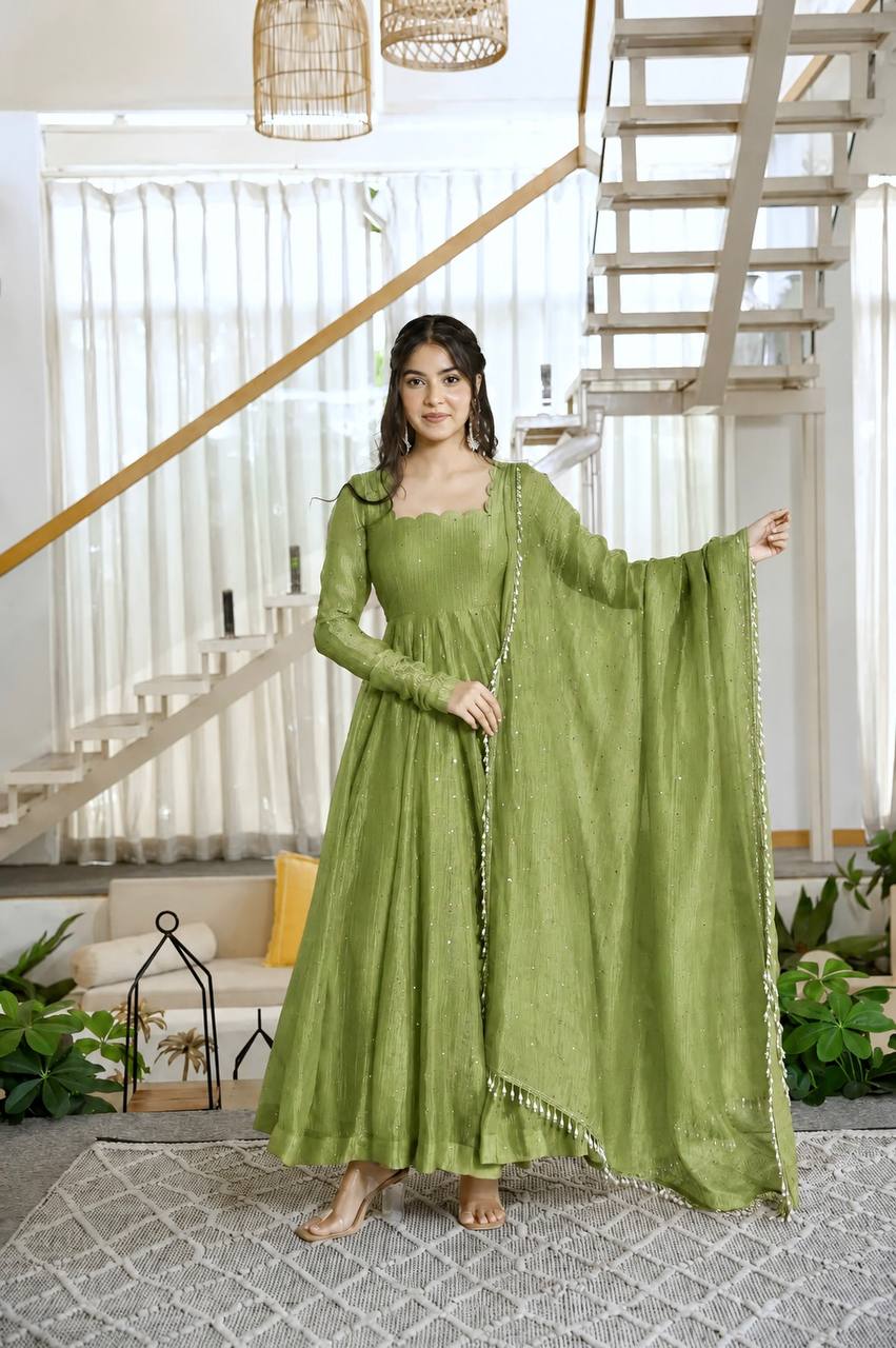 Olive Green Color Scalloped Neck Salsa Silk Gown