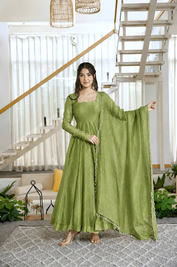 Olive Green Color Scalloped Neck Salsa Silk Gown