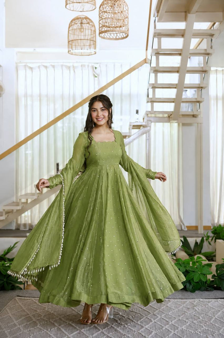Olive Green Color Scalloped Neck Salsa Silk Gown