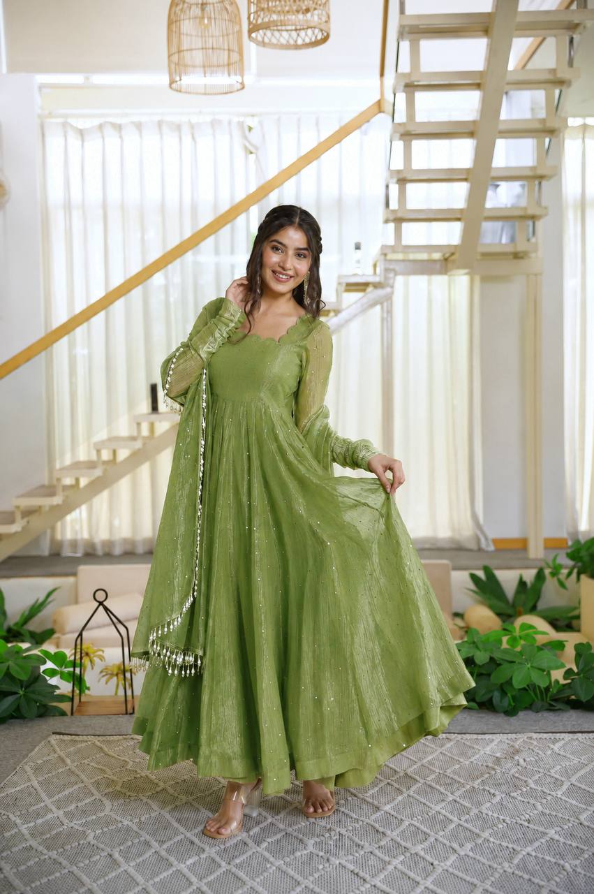 Olive Green Color Scalloped Neck Salsa Silk Gown
