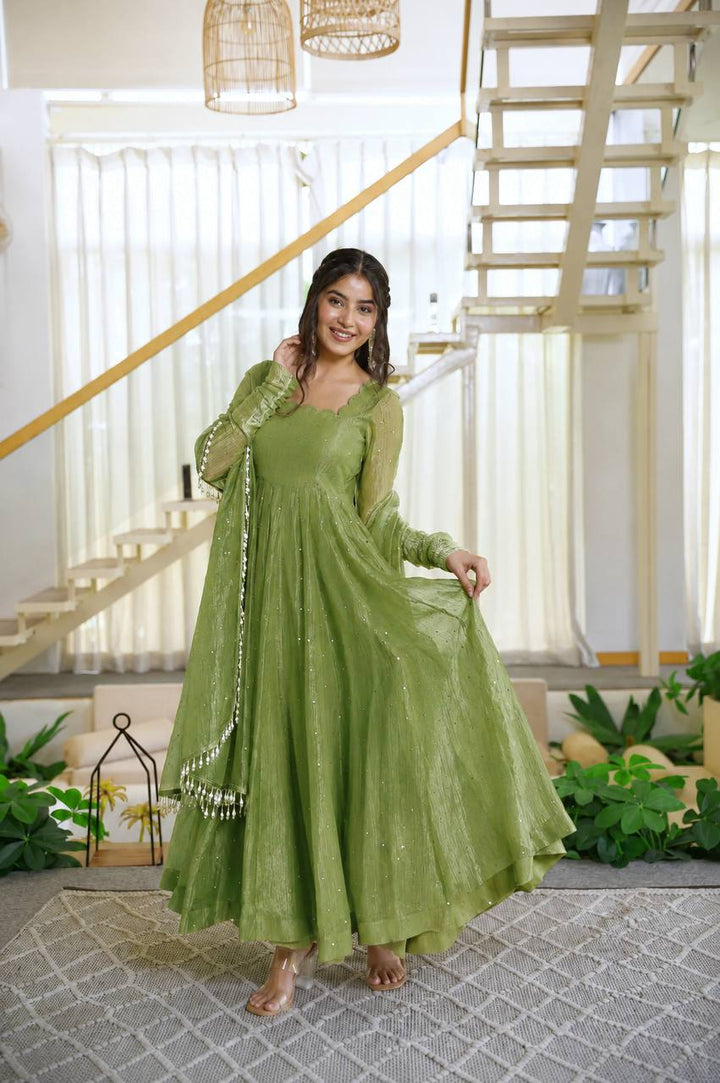 Olive Green Color Scalloped Neck Salsa Silk Gown