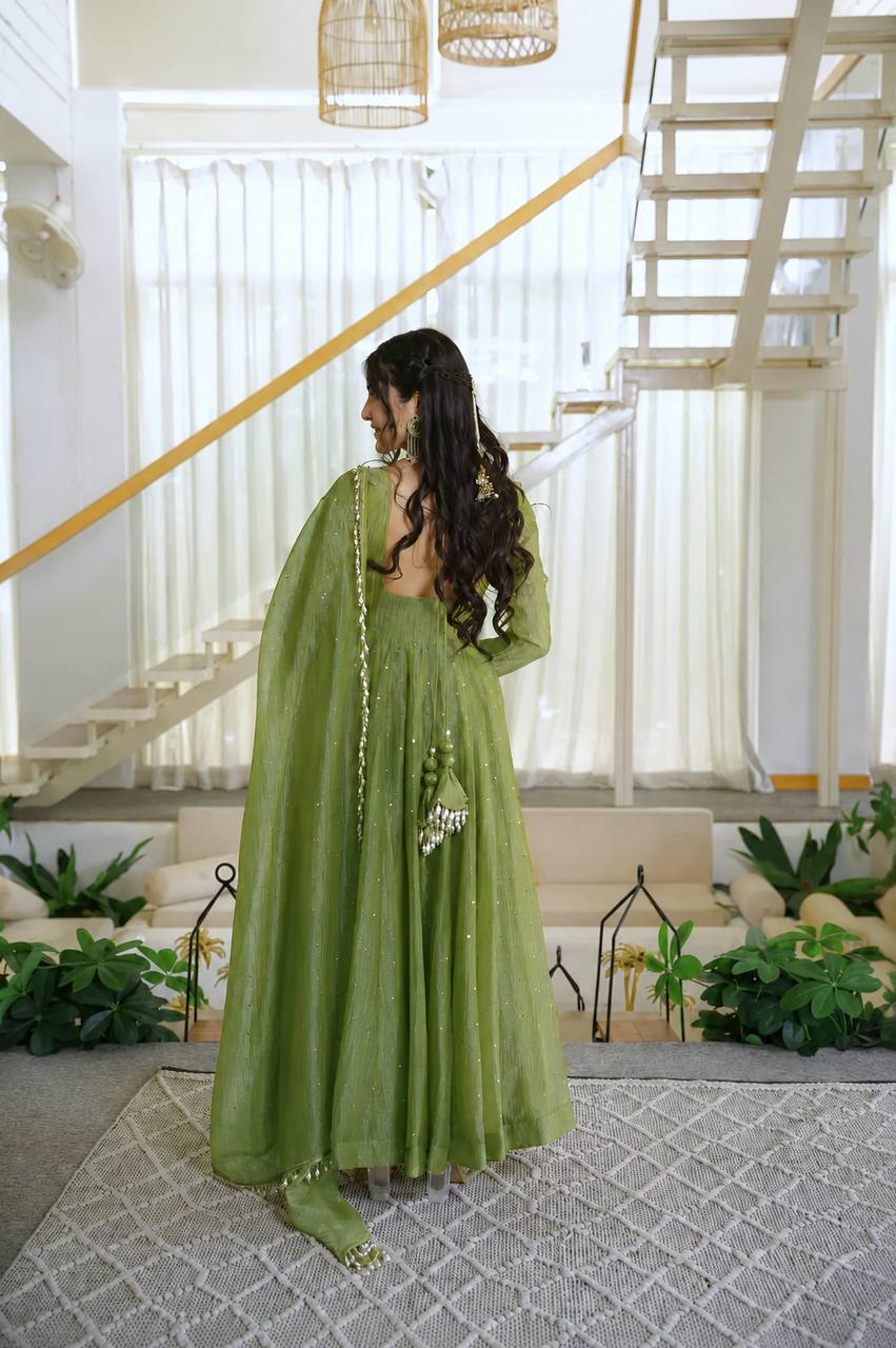 Olive Green Color Scalloped Neck Salsa Silk Gown