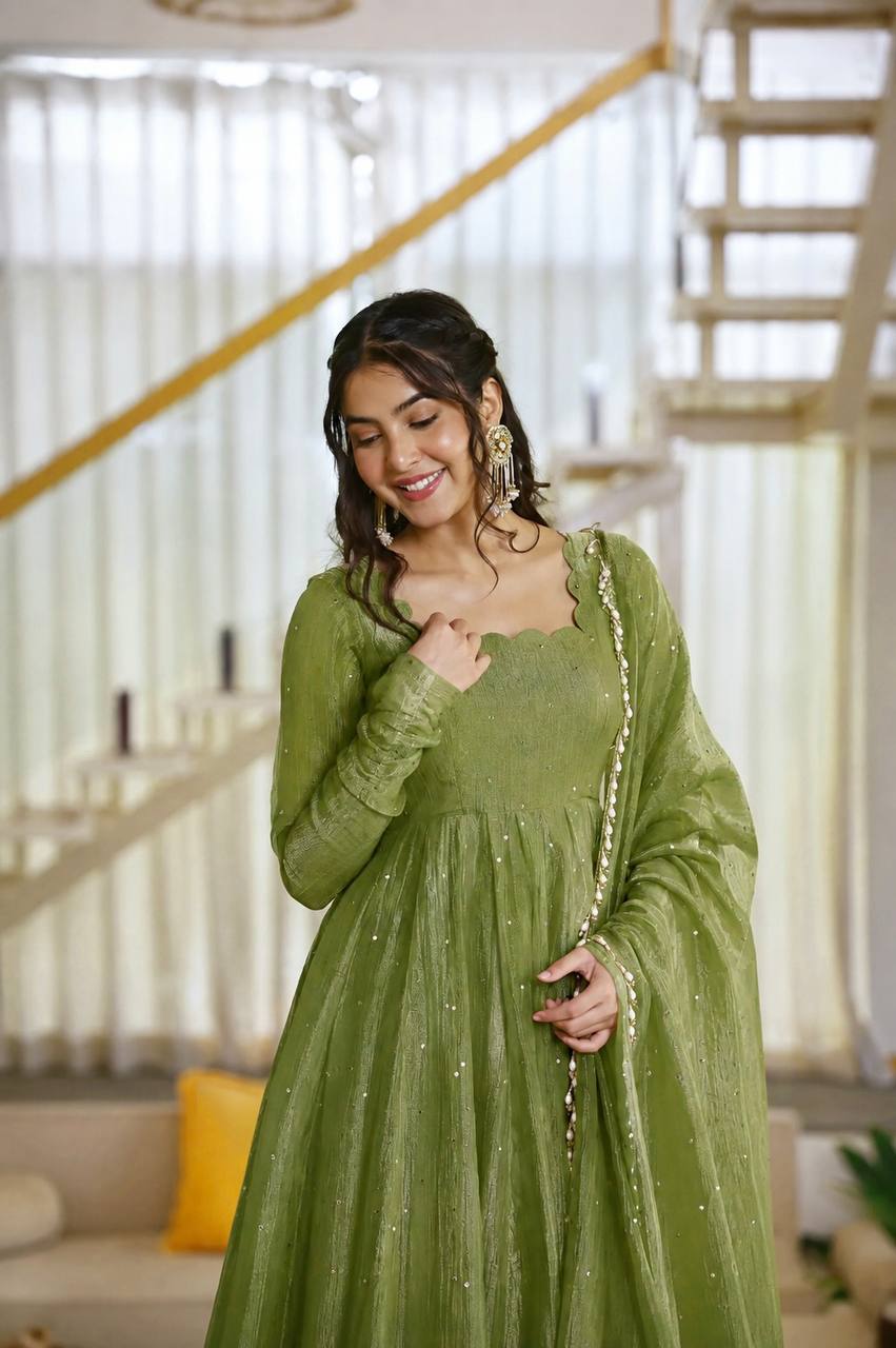 Olive Green Color Scalloped Neck Salsa Silk Gown