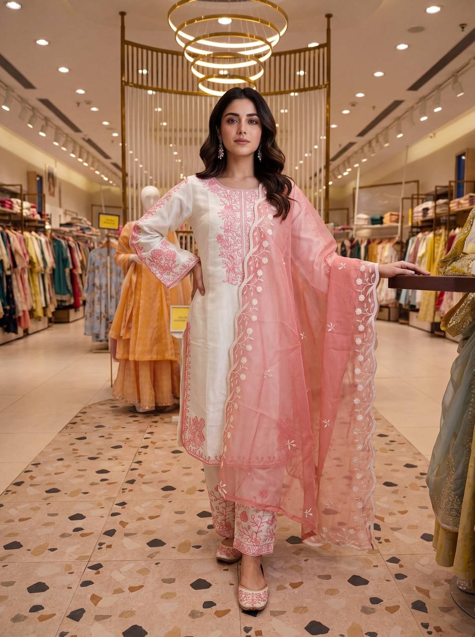 Peach Pink Chikankari Thread Embroidered Palazzo Suit
