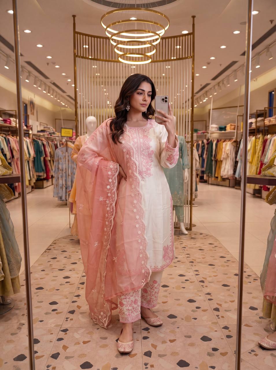 Peach Pink Chikankari Thread Embroidered Palazzo Suit