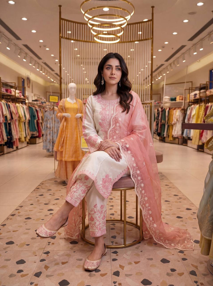 Peach Pink Chikankari Thread Embroidered Palazzo Suit